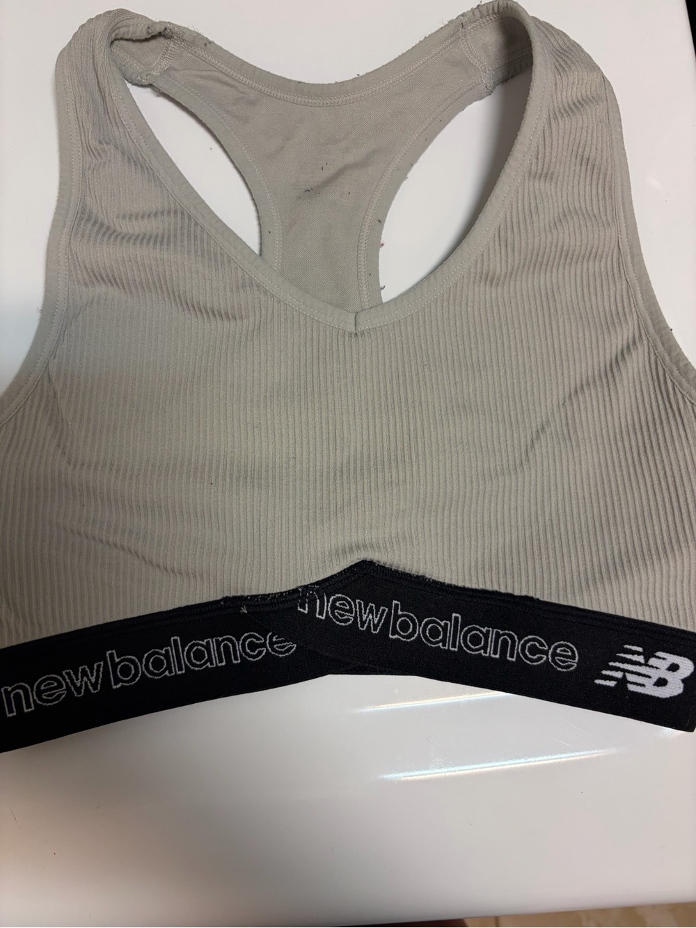 New Balance Light Gray Ribbed Racerback Sports Bra with Black Logo Band champion
